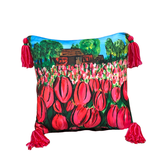 Tulips and a Barn - Throw Pillow